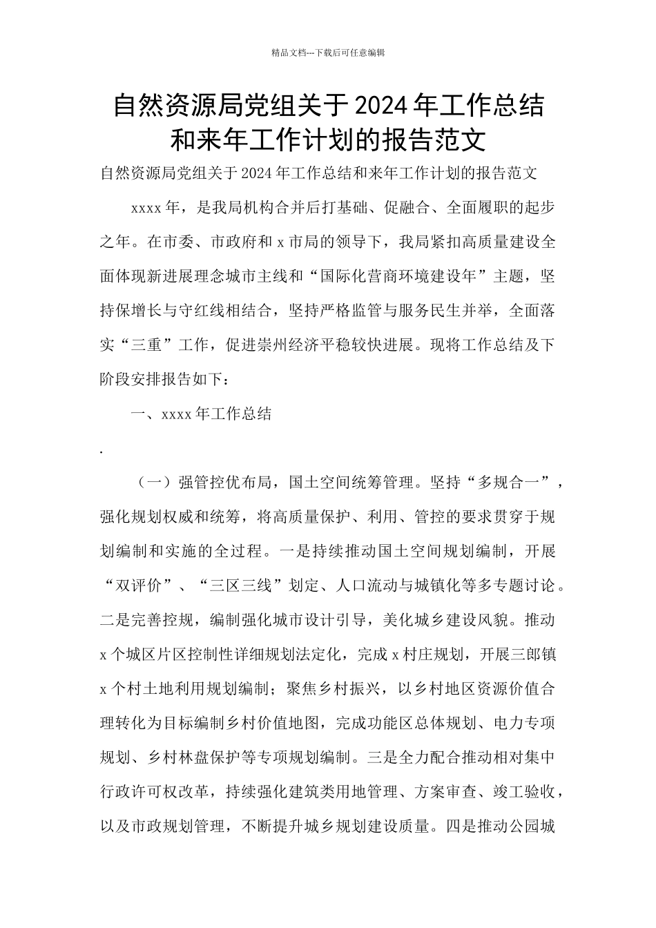 自然资源局党组关于2024年工作总结和来年工作计划的报告范文_第1页