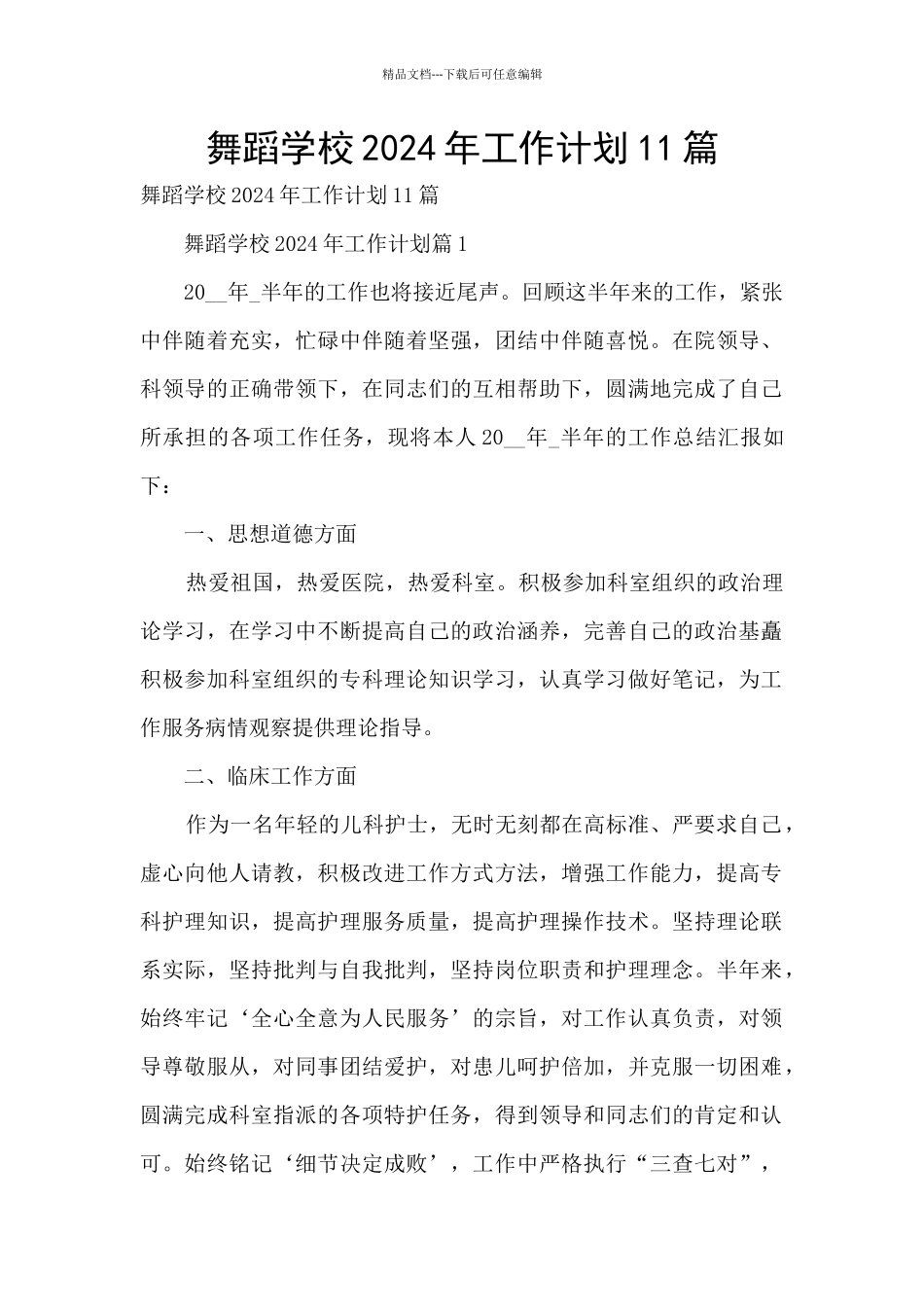 舞蹈学校2024年工作计划11篇_第1页