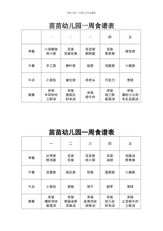 苗苗幼儿园一周食谱表