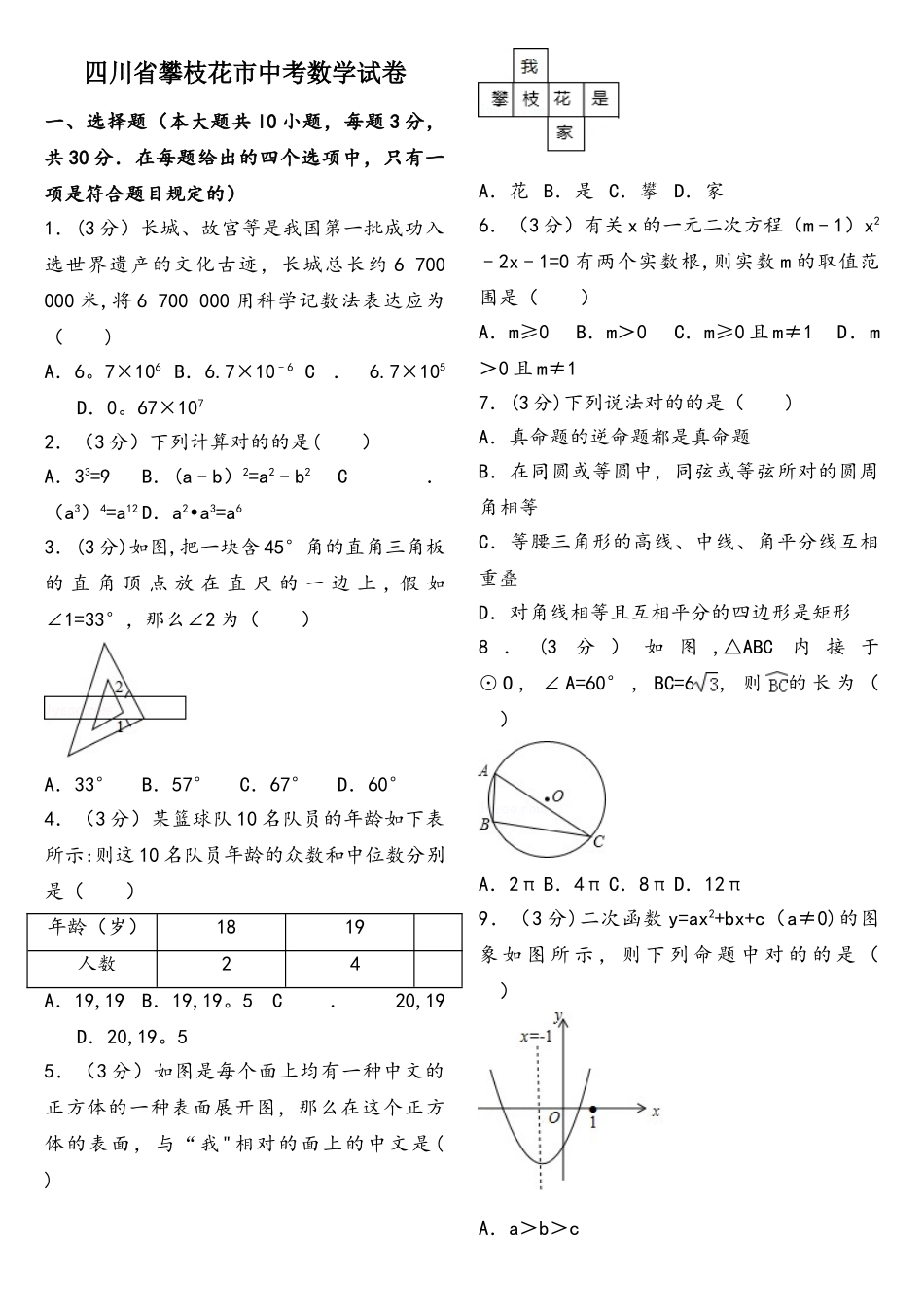 2025年攀枝花中考数学真题及解析已排版_第1页