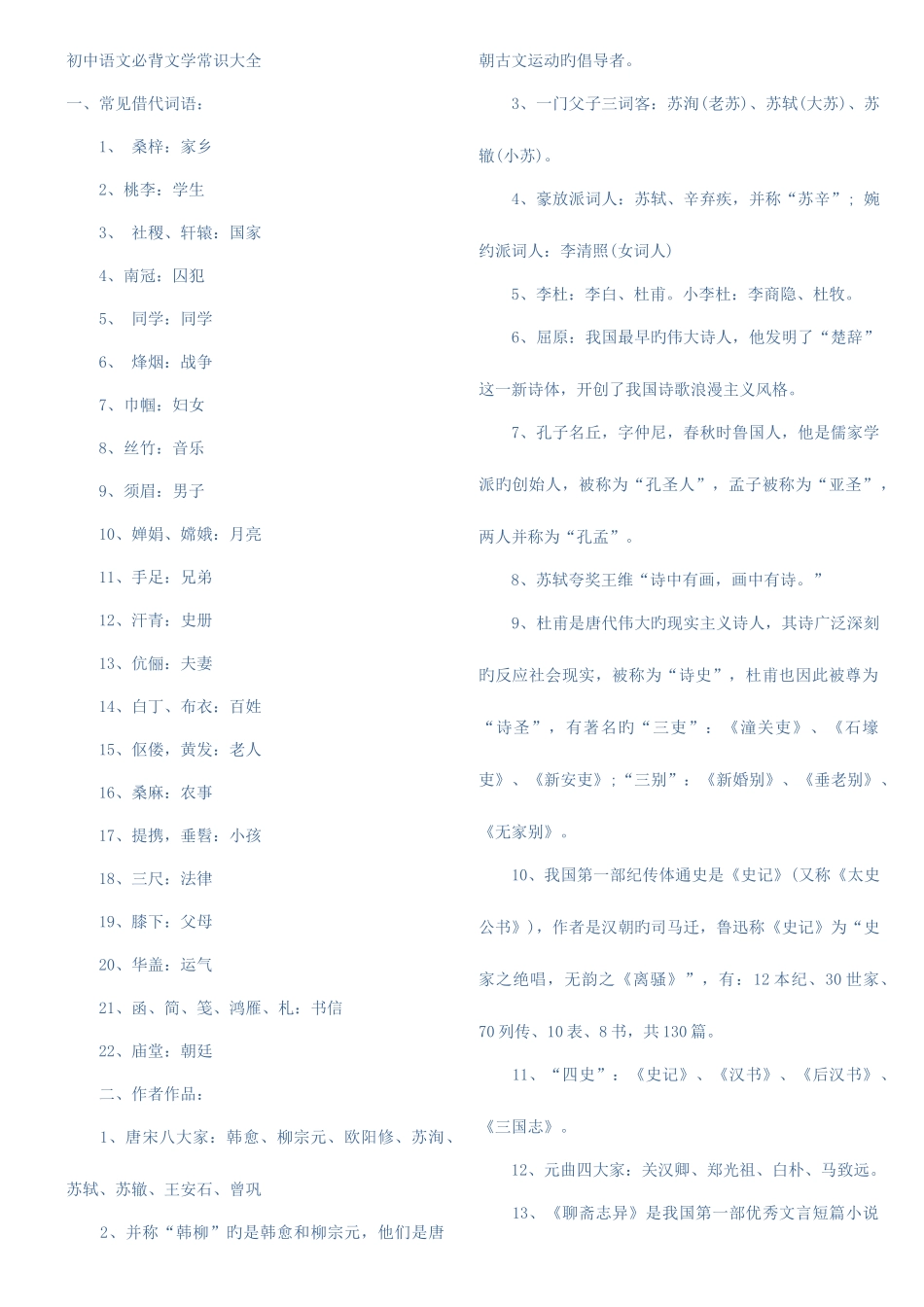 2025年初中语文必背文学常识大全_第1页