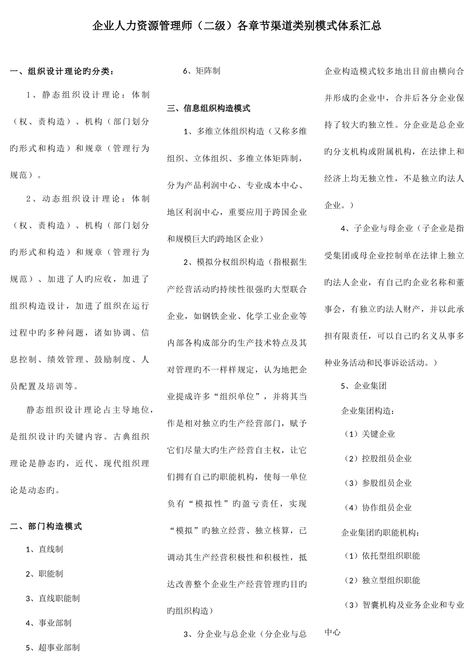 2025年企业人力资源管理师二级各章节类别模式等汇总_第1页
