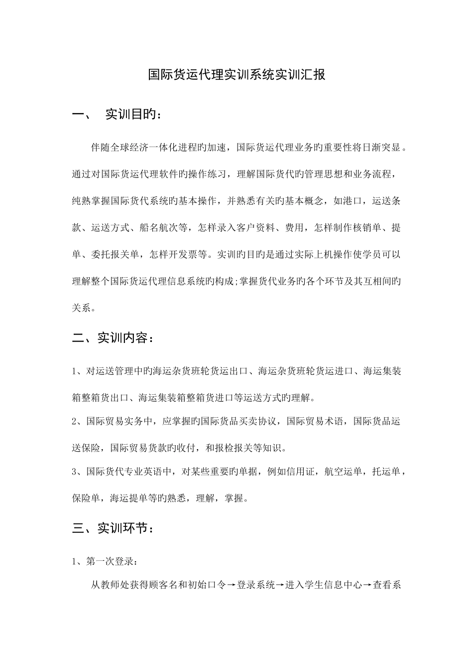 2025年国际货运代理实训系统实训报告_第1页