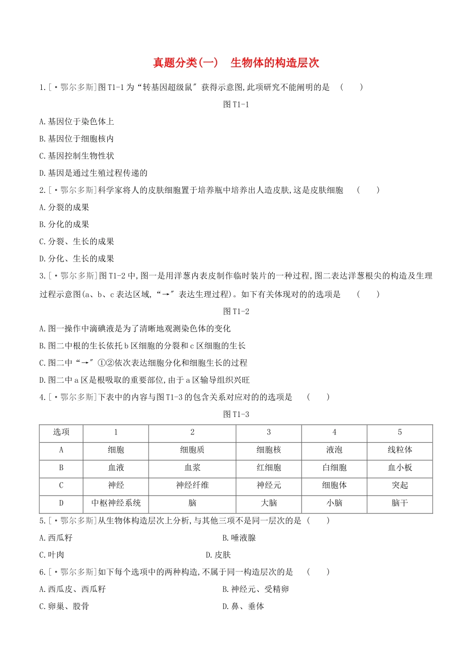 2025年鄂尔多斯专版中考生物复习方案真题分类01生物体的结构层次试题_第1页