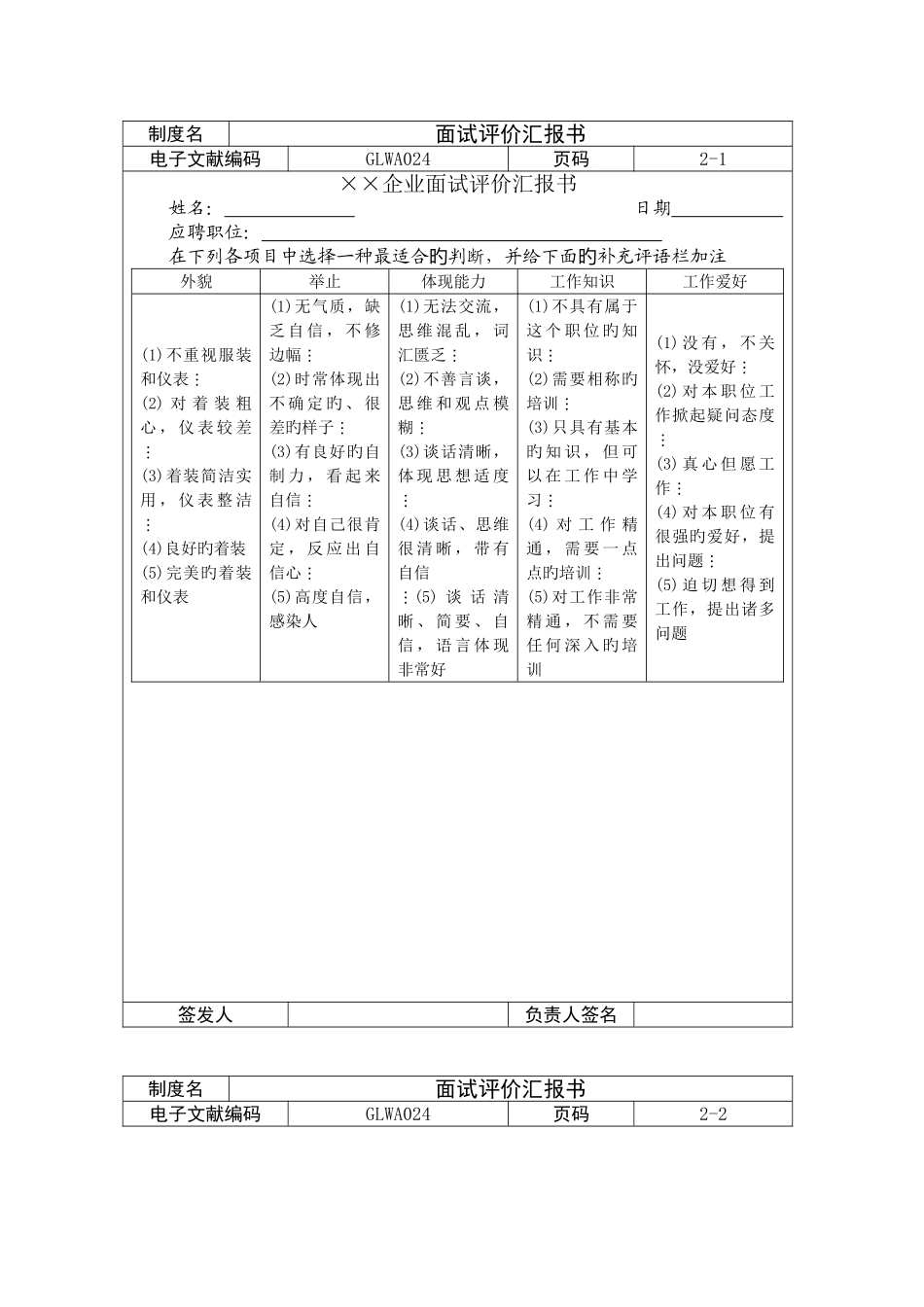 2025年公司职员面试评价报告书_第1页