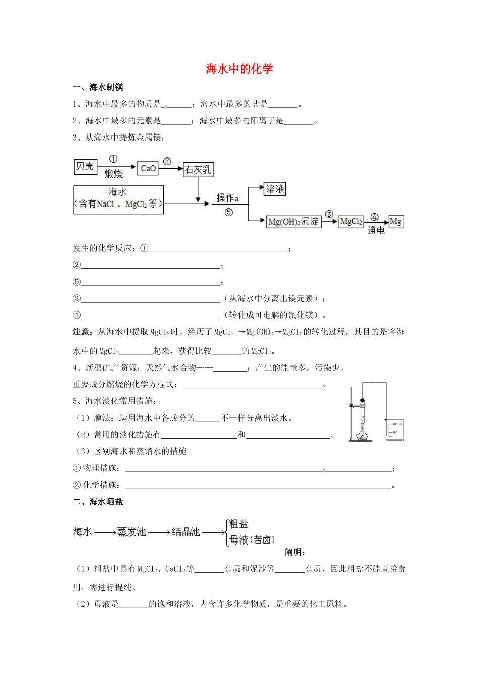 2025年山东省济宁市任城区九年级化学全册第三单元海水中的化学知识点复习无答案鲁教版五四制_第1页