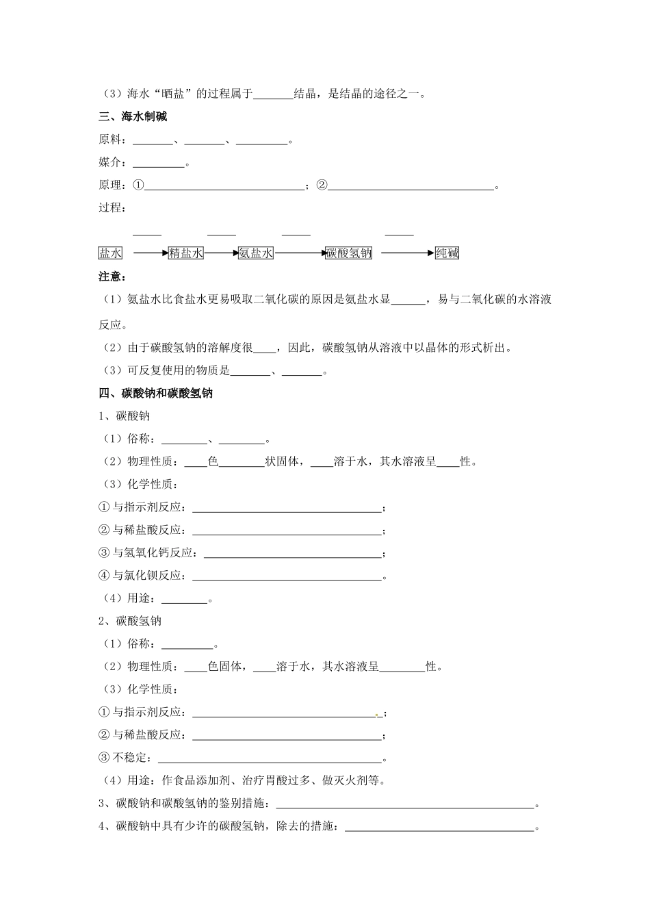2025年山东省济宁市任城区九年级化学全册第三单元海水中的化学知识点复习无答案鲁教版五四制_第2页