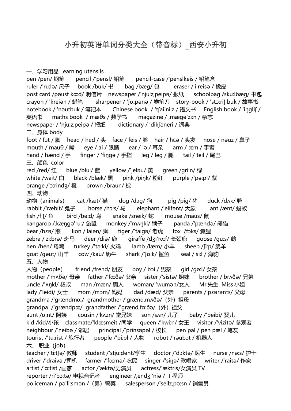 2025年小升初英语单词分类大全_第1页