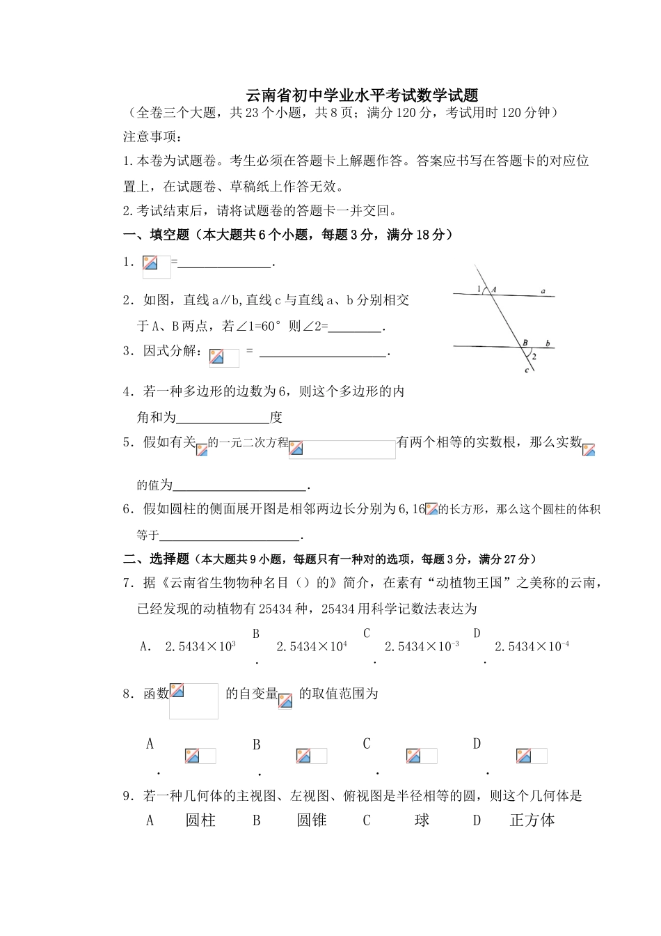 2025年云南省初中学业水平考试数学试题_第1页