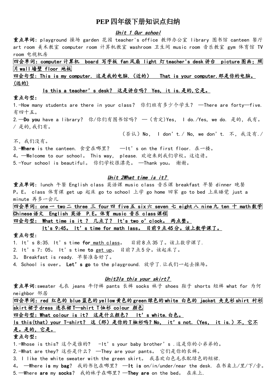 2025年PEP小学英语四年级下册知识点归纳_第1页