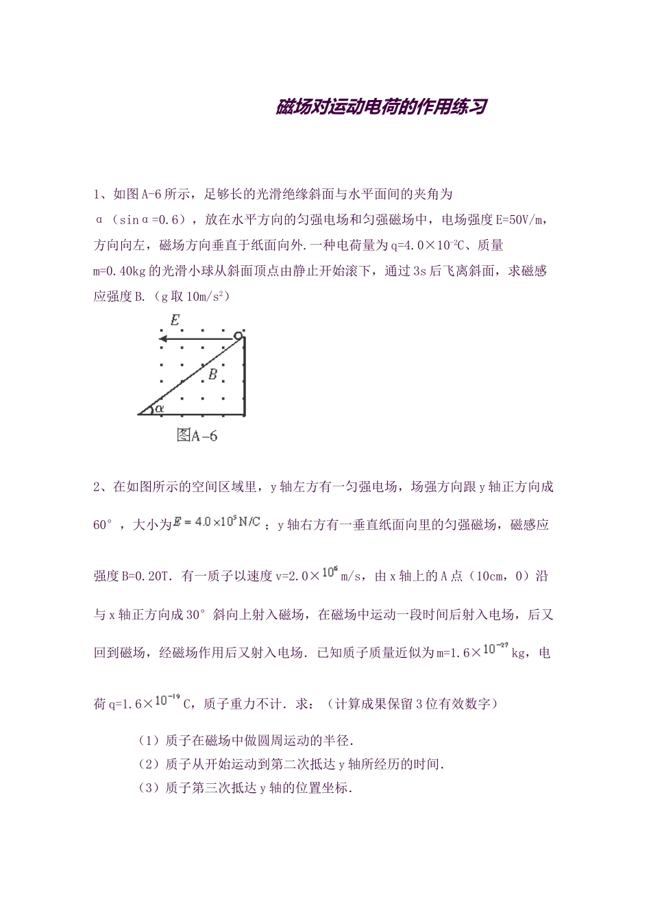 2025年黑龙江大庆喇中高考物理二轮复习知识点突破磁场对运动电荷的作用新人教版_第1页
