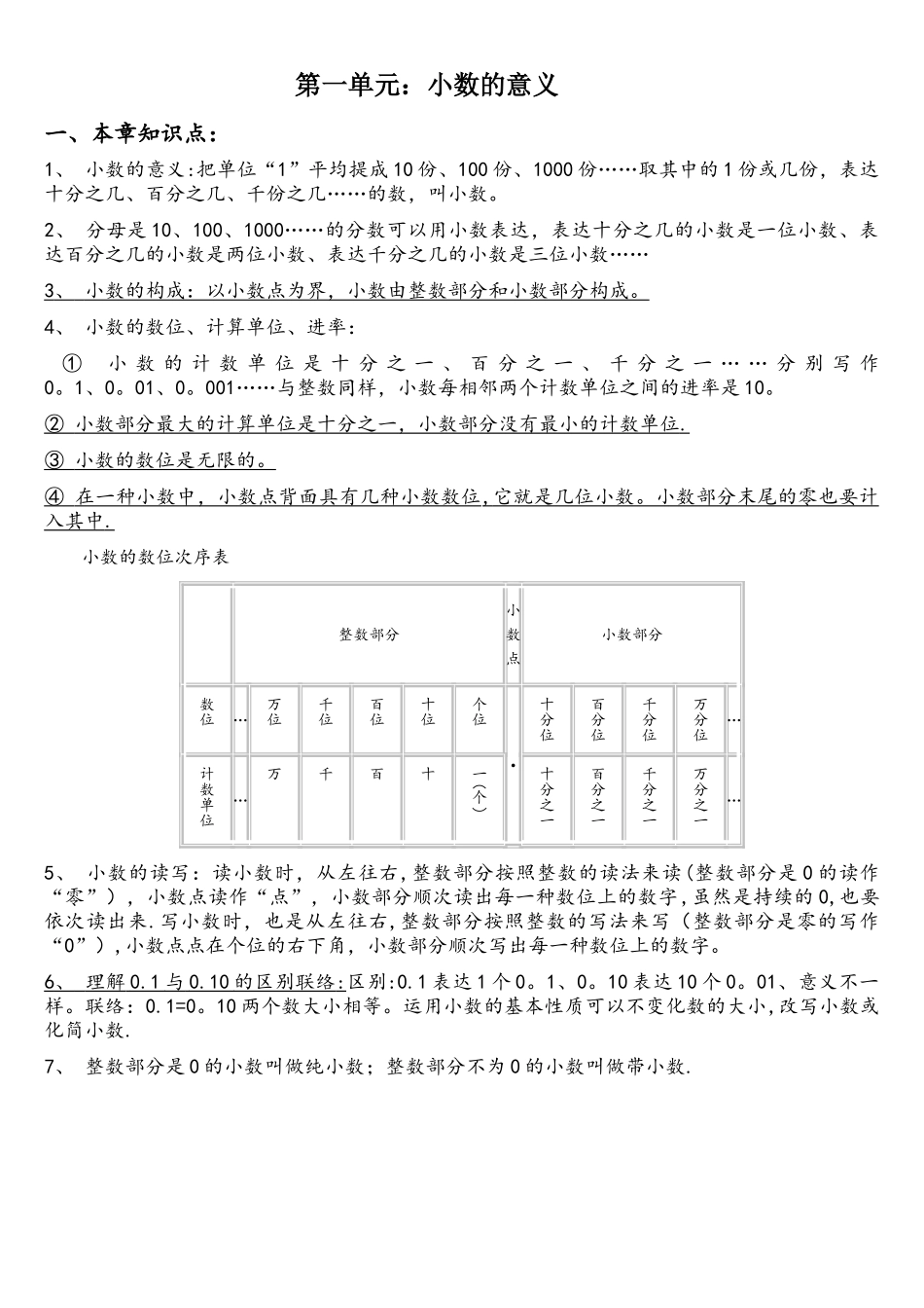 2025年新北师大版四年级数学下册第一章小数的意义知识点及习题_第1页