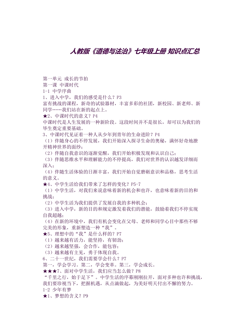 2025年七年级道德与法治戴在知识点_第1页