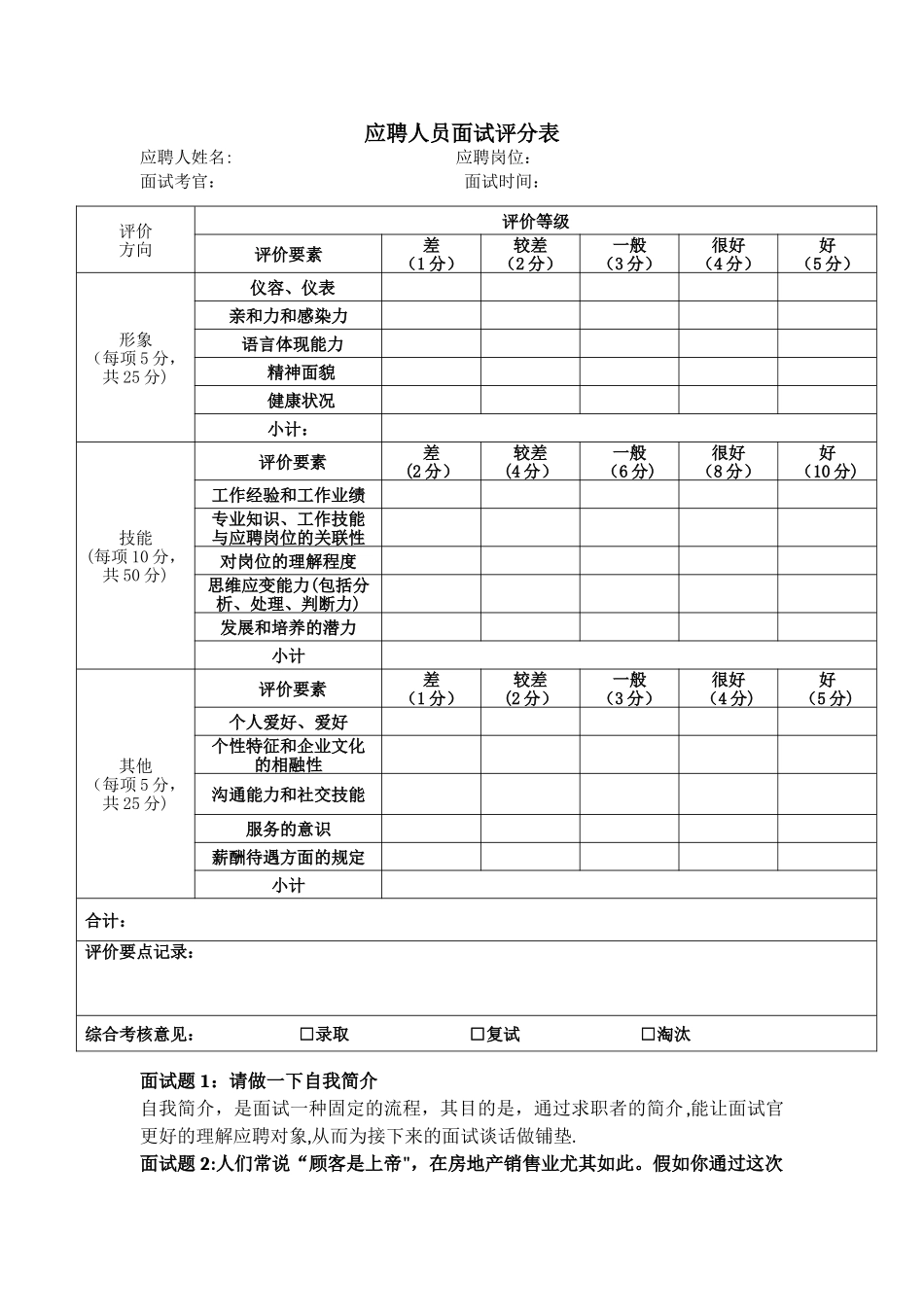 2025年房地产置业顾问面试问题答案及评分表_第1页