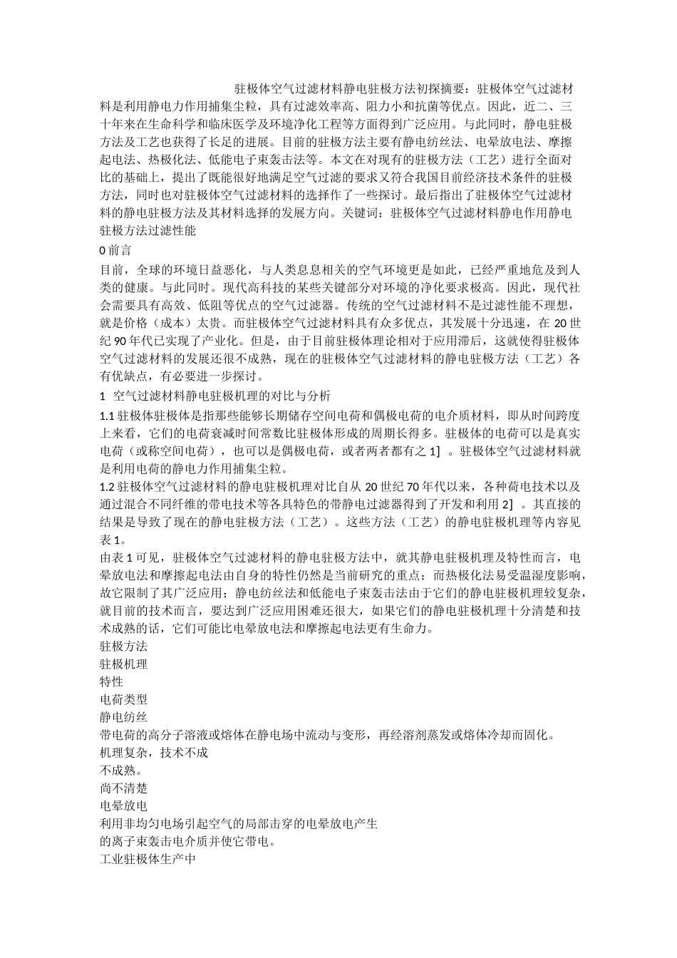 驻极体空气过滤材料静电驻极方法初探_第1页