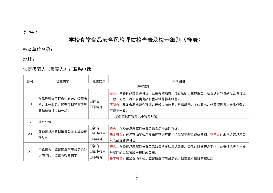 学校食堂安全风险评估检查样表_第1页