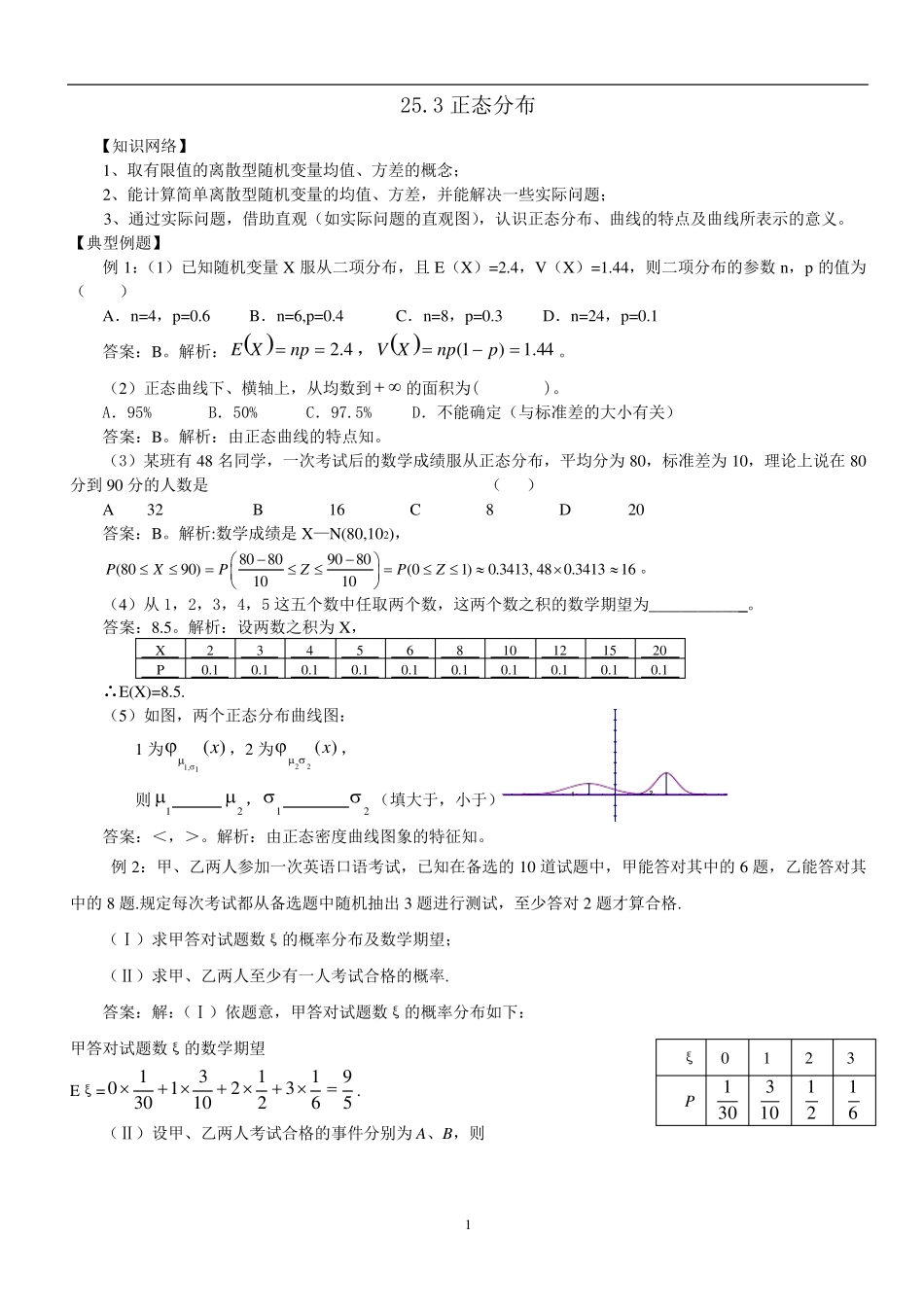 正态分布及其经典习题和答案_第1页