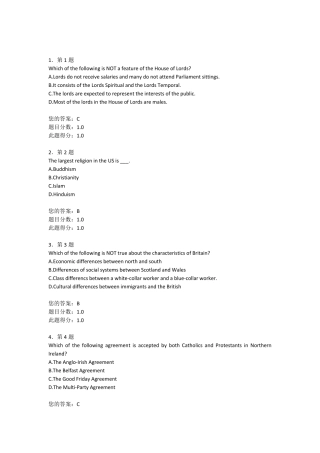 正确答案2015年秋季《英语国家概况(阅读)》在线作业