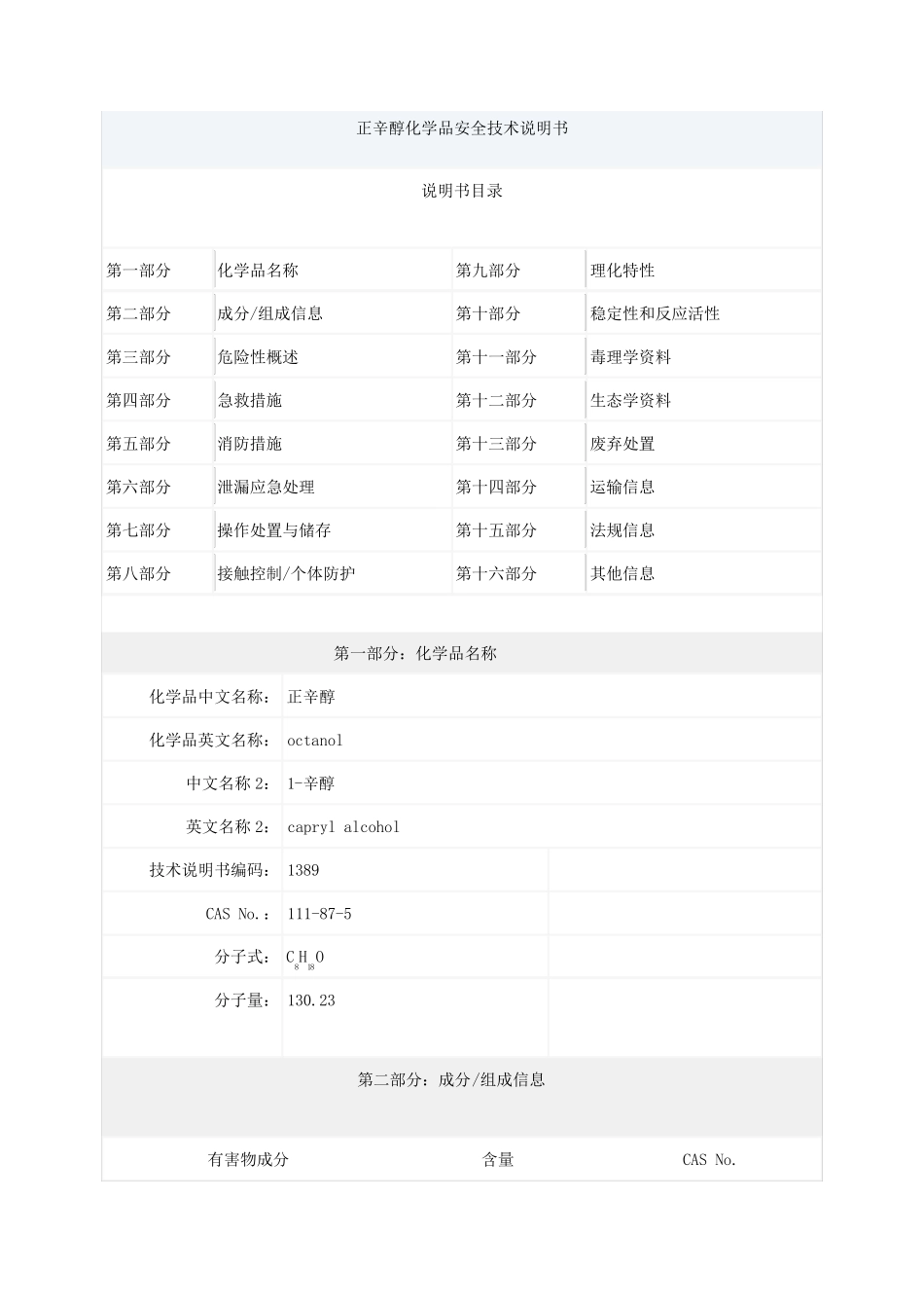正辛醇化学品安全技术说明书_第1页