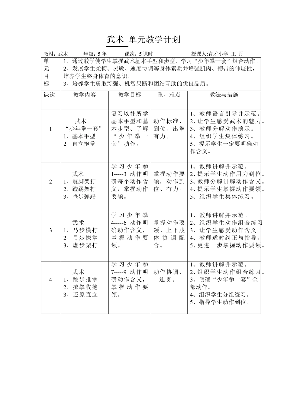 武术单元教学计划_第1页
