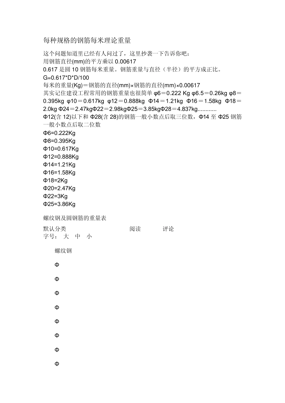 每种规格的钢筋每米理论重量_第1页
