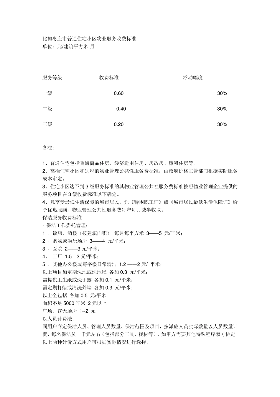 比如枣庄市普通住宅小区物业服务收费标准_第1页
