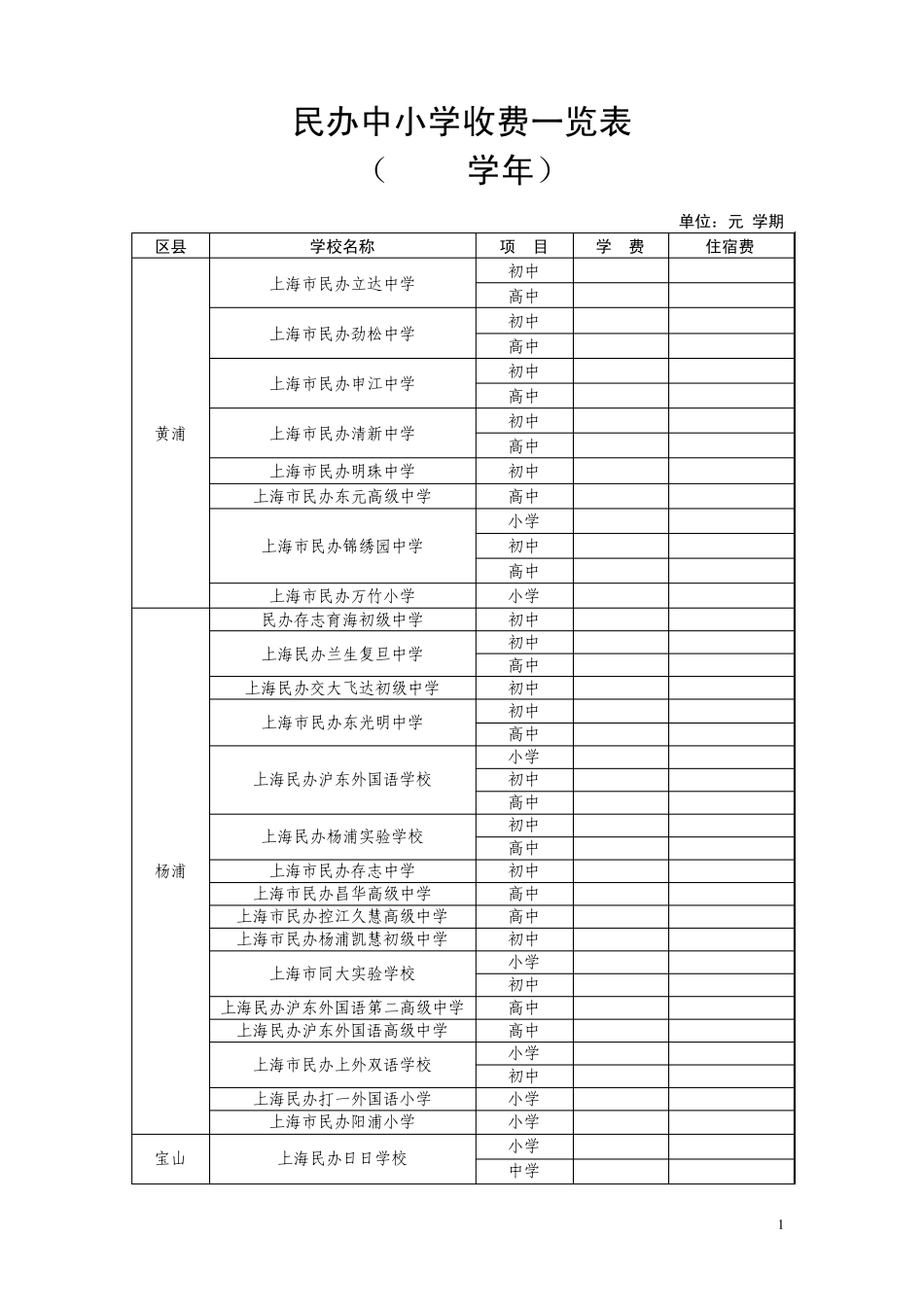 民办中小学收费一览表_第1页