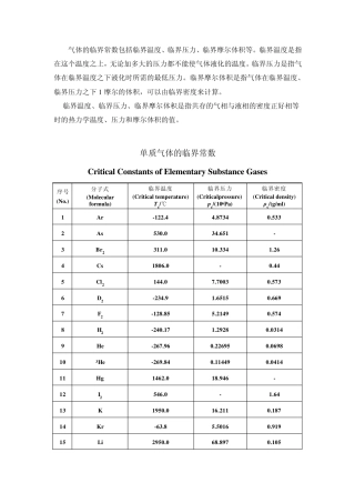 气体的临界常数及在水中的溶解度