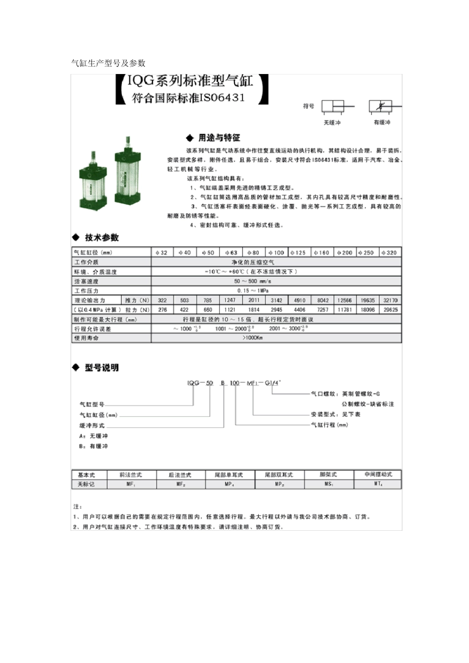 气缸生产型号及参数_第1页