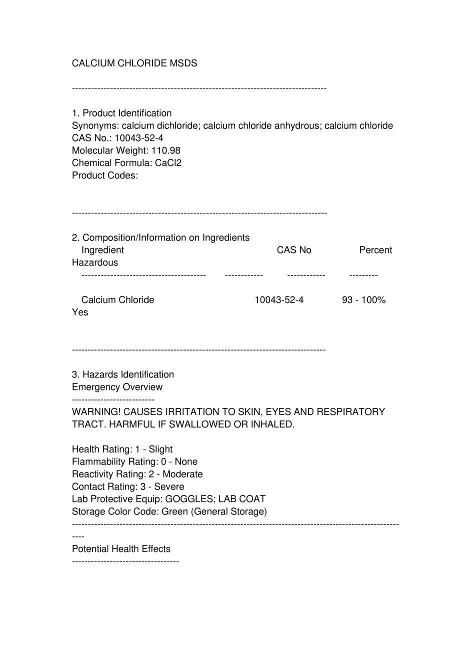 氯化钙MSDS(英文版)_第1页