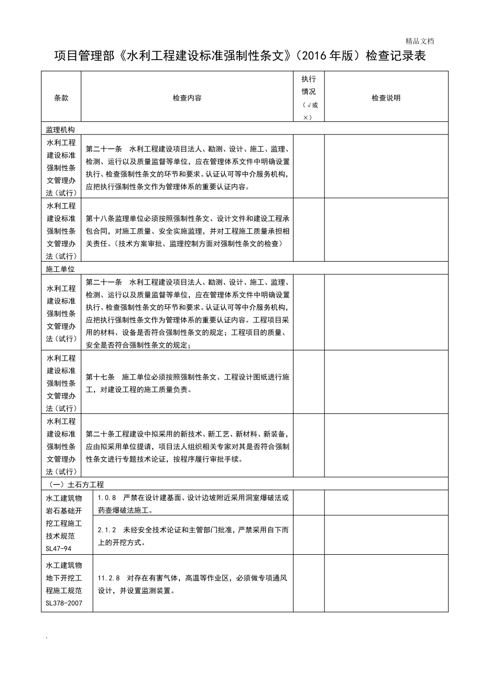 水利工程建设标准强制性条文检查记录表_第1页