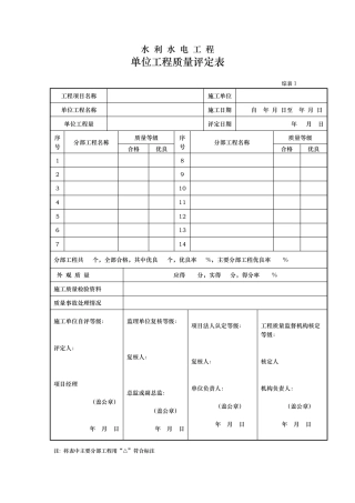 水利水电工程单位工程质量评定表