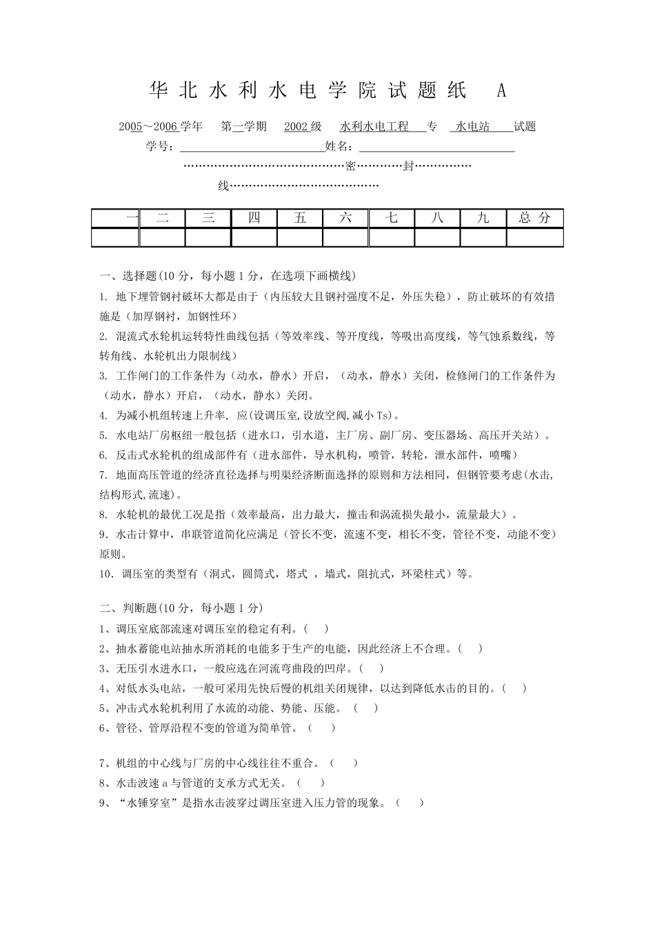 水工专业水电站考试试题_第3页