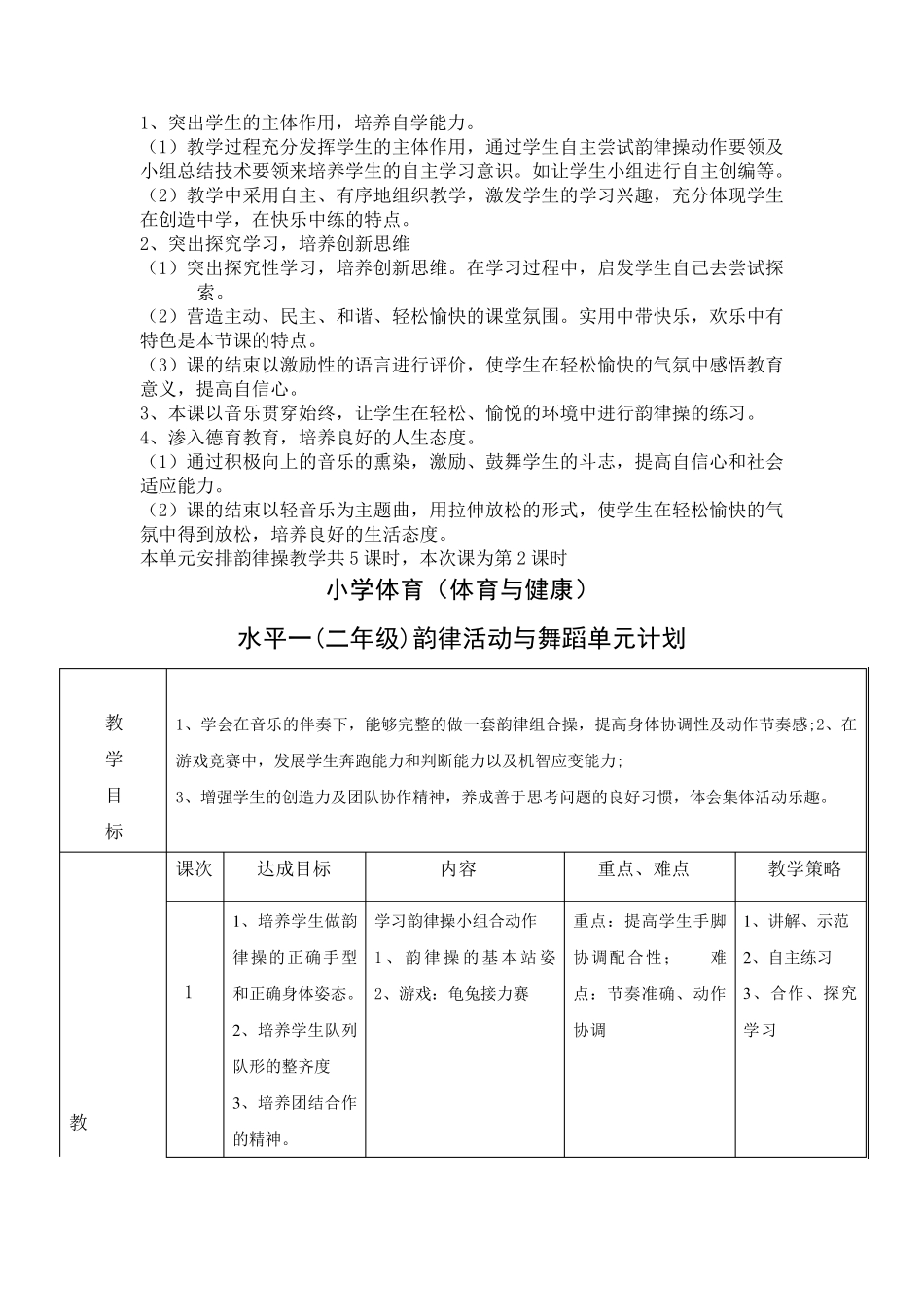 水平一(二年级)韵律活动与舞蹈教学设计_第2页