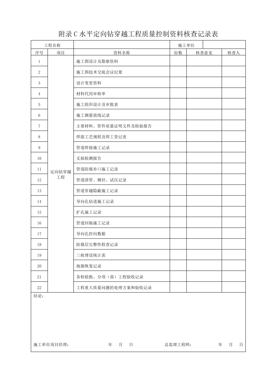 水平定向钻穿越检验批表格SY4216.12017_第1页
