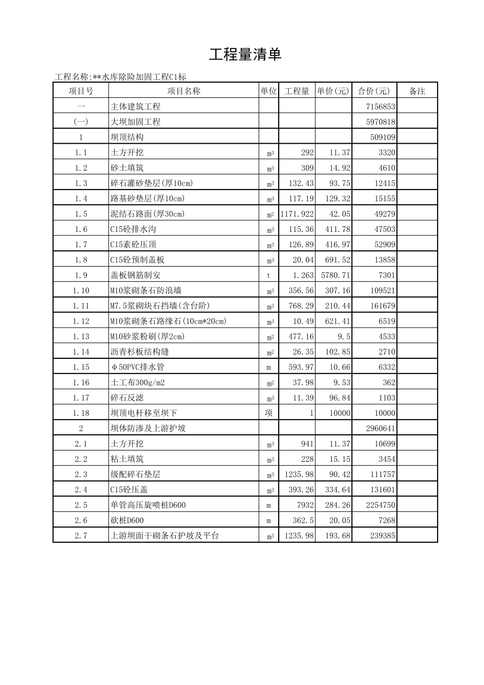 水库工程量清单报价表_第1页