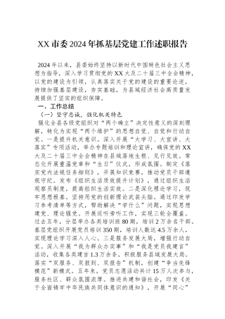 XX市委2024年抓基层党建工作述职报告