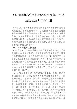 XX市政府办公室机关纪委2024年工作总结及2025年工作计划