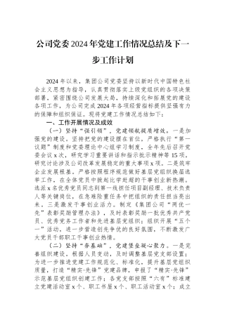 公司党委2024年党建工作情况总结及下一步工作计划
