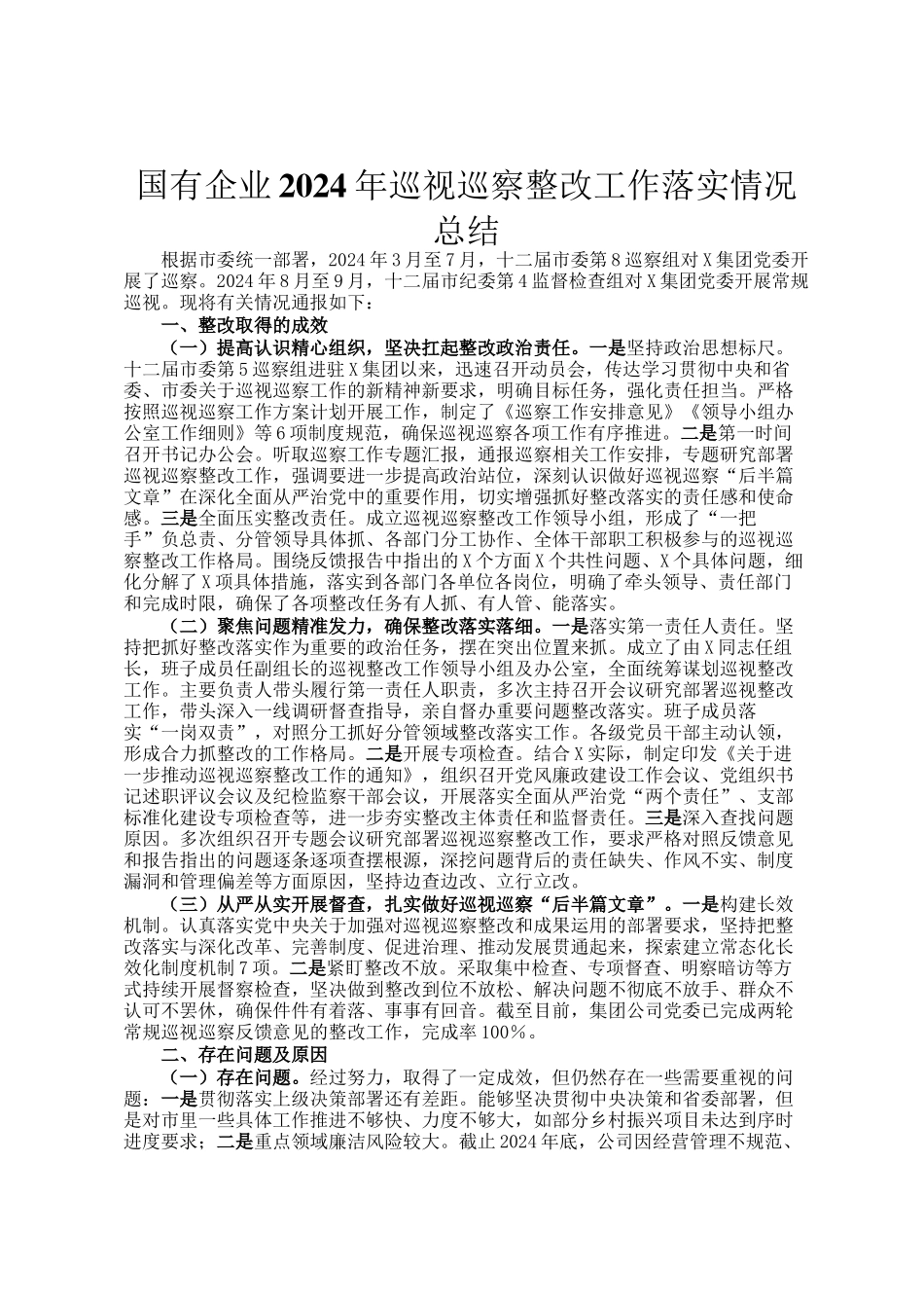 国有企业2024年巡视巡察整改工作落实情况总结_第1页