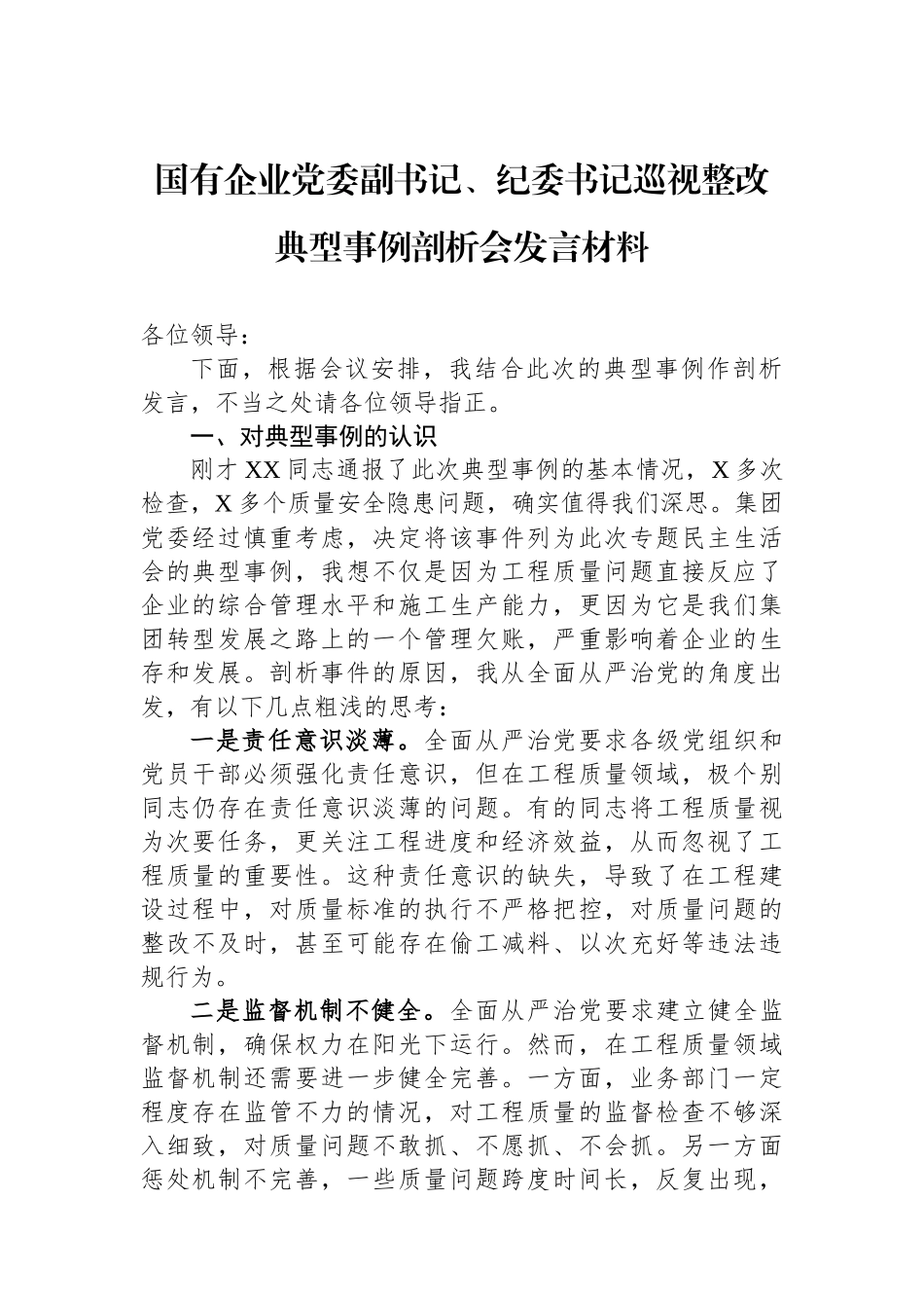 国有企业党委副书记、纪委书记巡视整改典型事例剖析会发言材料_第1页