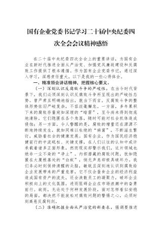 国有企业党委书记学习二十届中央纪委四次全会会议精神感悟