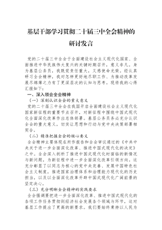 基层干部学习贯彻二十届三中全会精神的研讨发言