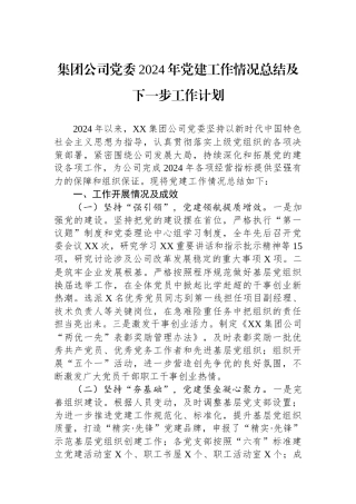 集团公司党委2024年党建工作情况总结及下一步工作计划