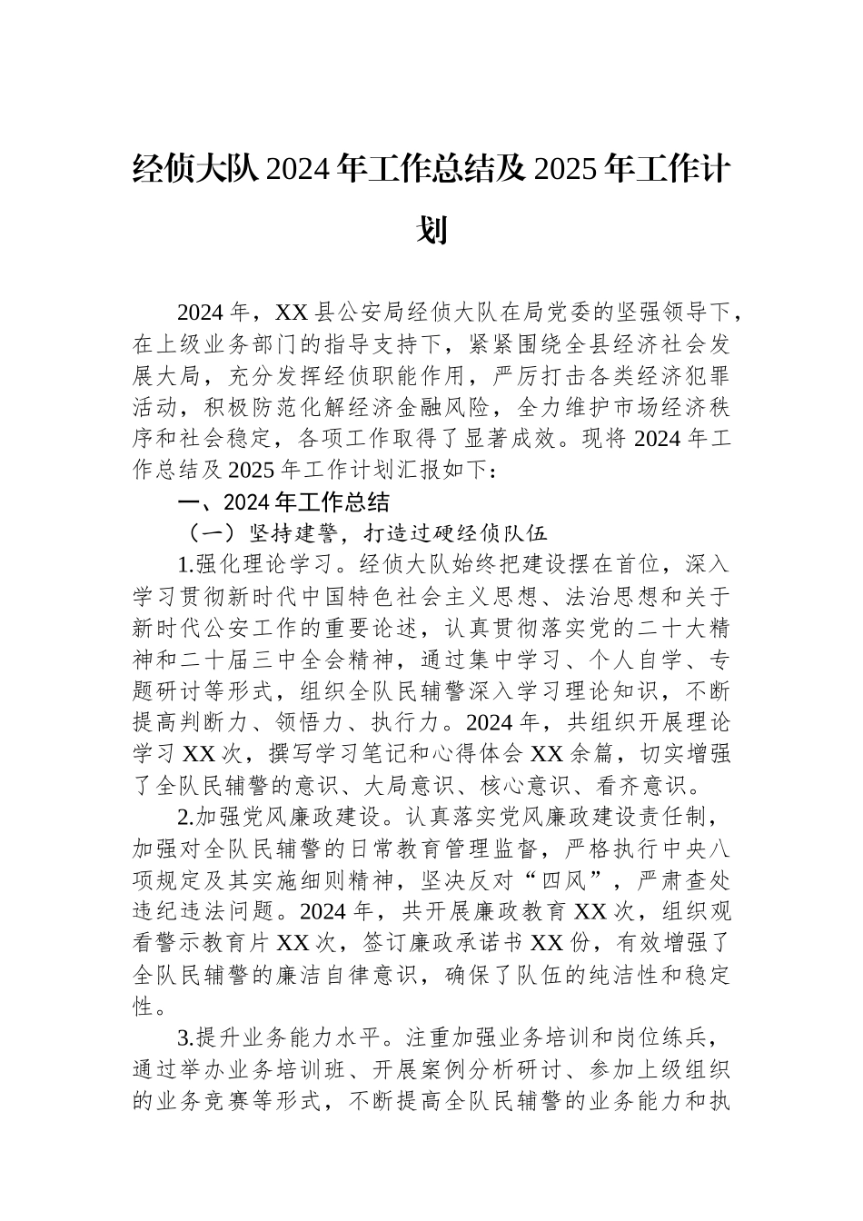经侦大队2024年工作总结及2025年工作计划_第1页