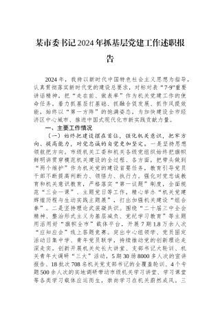 某市委书记2024年抓基层党建工作述职报告