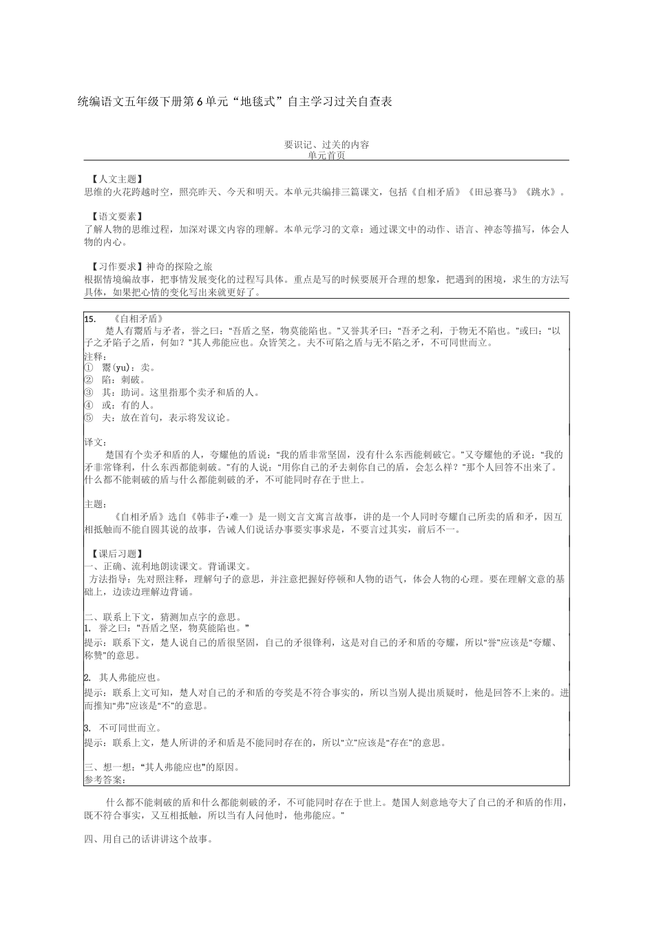 统编部编版语文五年级下册第6单元“地毯式”自主学习过关自查表_第1页