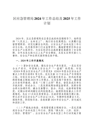 区应急管理局2024年工作总结及2025年工作计划