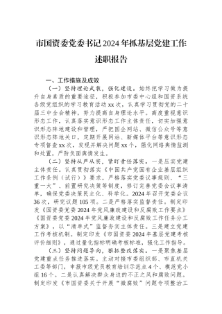 市国资委党委书记2024年抓基层党建工作述职报告