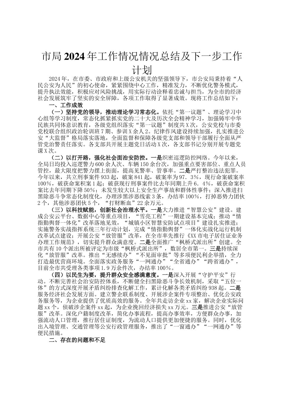 市局2024年工作情况情况总结及下一步工作计划_第1页